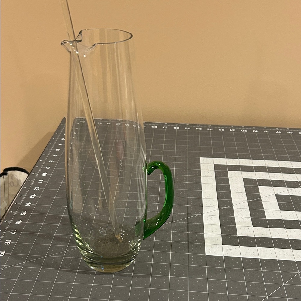 Mid century Stylish Glass Cocktail Pitcher with Green Handle